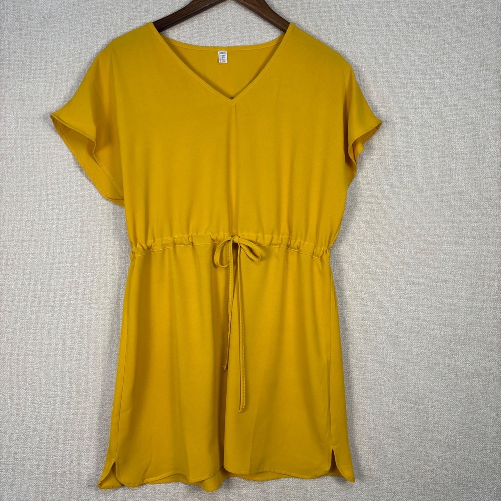 Blue Time Small Mustard Yellow V-Neck Drawstring Waist Mini Dress Flutter Sleeve